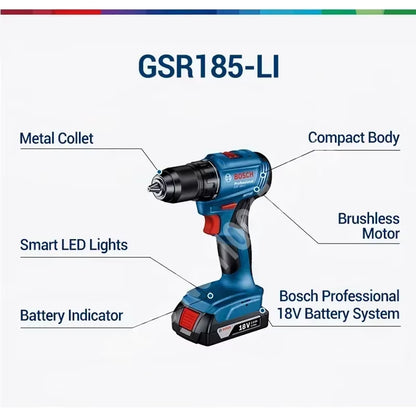 GSR 185-LI 18V Brushless Drill Driver Electric Screwdriver for Metal Wood Wall Cordless Professional Power Tool GSR185-LI